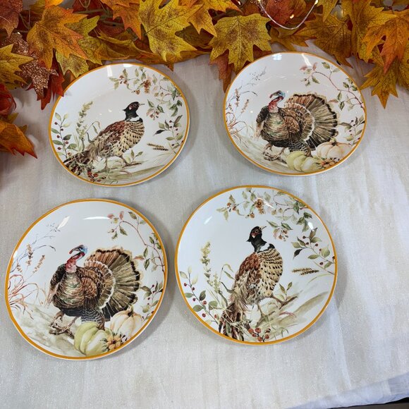 Potters Studio Woodland Turkey & Pheasant Salad Plates Set of 4 Thanksgiving New - Picture 1 of 6